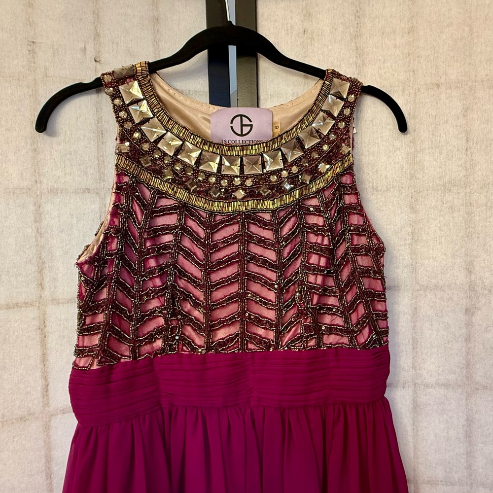 JS Collections Light Burgundy Beaded Sleeveless Midi Dress